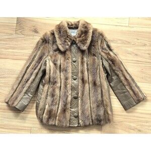 Vintage brown leather and genuine mink fur button-up coat - womens M-L
